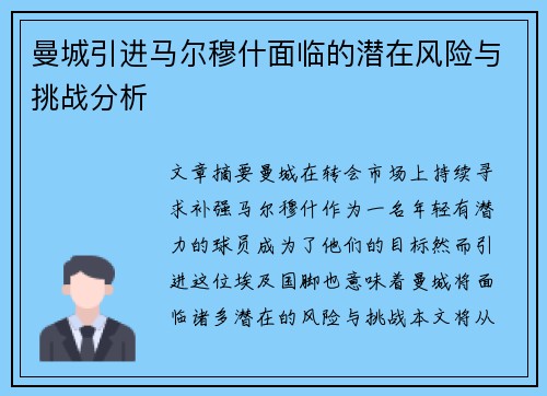 曼城引进马尔穆什面临的潜在风险与挑战分析 曼城引进马尔穆什面临的潜在风险与挑战分析